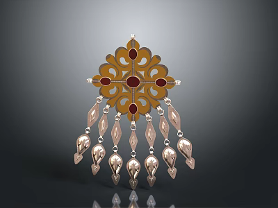 Ornate Golden Floral Design Decorative Brooch With Red Gemstone Center And Teardrop Pendants 3d model