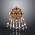 Ornate Golden Floral Design Decorative Brooch With Red Gemstone Center And Teardrop Pendants