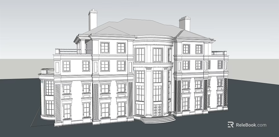 Semi detached Villa Two Story Classic Design With Chimneys Multiple Windows And Front Porch 3d model 