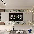 Modern Living Room With Blue Curved Sofa Lit Grid Wall And Marble Coffee Table