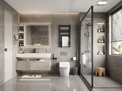 Modern Bathroom Interior With Grey Tiles Glass Shower Enclosure Vanity Mirror Cabinet And Potted Plant 3d model