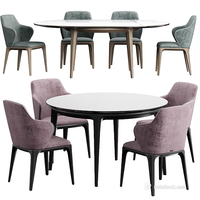 Modern Dining Table Set With Gray And Purple Chairs And Round Table Top 3d model