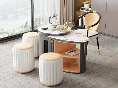 Modern Luxury Tea Table and Chairs with Marble Top White Padded Stools and Tea Set 3d model