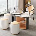 Modern Luxury Tea Table and Chairs with Marble Top White Padded Stools and Tea Set