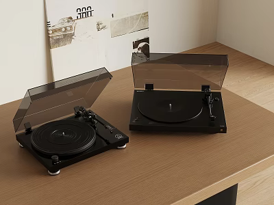 Decorative Ornament Set With Two Black Vinyl Record Players On Wooden Tabletop 3d model