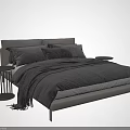 Modern Gray Double Bed With Comforter Pillows Throw Blanket And Black Side Tables 3d model