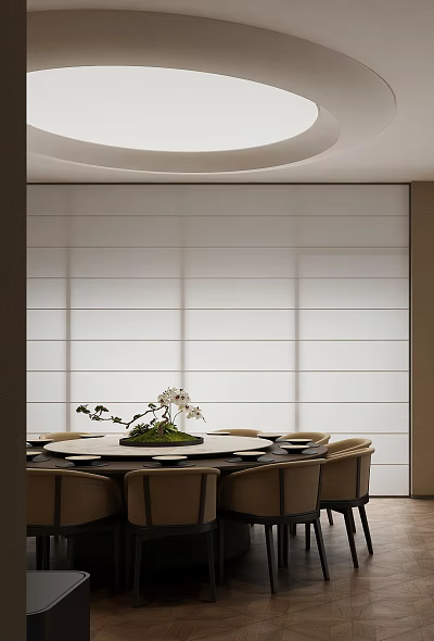 Elegant Modern Private Dining Room Interior With Round Table Upholstered Chairs And Green Plant 3d model