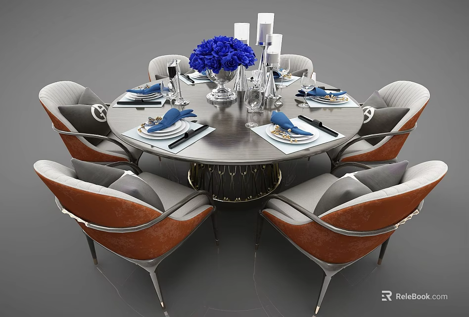 Stylish Modern Round Dining Table With Elegant Chairs Blue Flower Bouquet And Tableware 3d model 