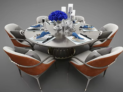 Stylish Modern Round Dining Table With Elegant Chairs Blue Flower Bouquet And Tableware 3d model