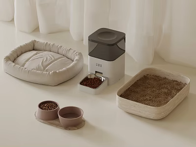 Modern Pet Supplies Setup Featuring Pet Bed Automatic Feeder Double Bowls And Litter Box 3d model