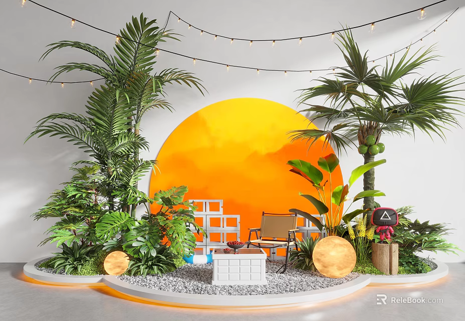 Tropical Indoor Landscape With Palm Trees Orange Circular Backdrop Green Plants String Lights Decorative Pebbles 3d model 