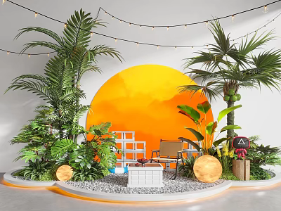 Tropical Indoor Landscape With Palm Trees Orange Circular Backdrop Green Plants String Lights Decorative Pebbles 3d model