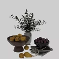 Home Decorative Ornament Set with Wooden Bowl Yellow Pears White Vase Green Plants Purple Fruits