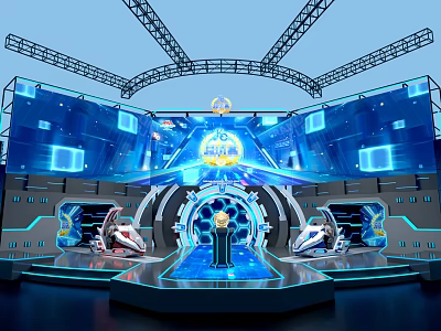 Futuristic Tech Stage Design With Blue Lighting Circular Structure Central Figure And Large Screens 3d model