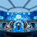 Futuristic Tech Stage Design With Blue Lighting Circular Structure Central Figure And Large Screens