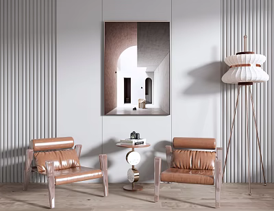 Stylish Brown Leather Armchairs With Round Side Table Against Gray Striped Wall And Floor Lamp 3d model