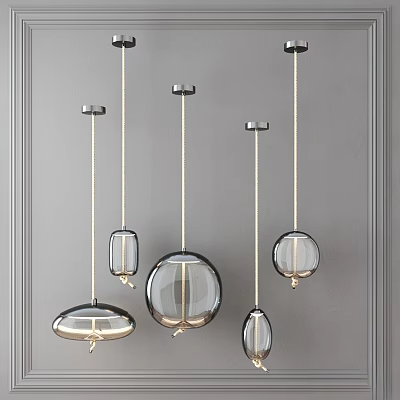Modern Five Pendant Lights With Glass Shades And Various Shapes Hanging Interior 3d model