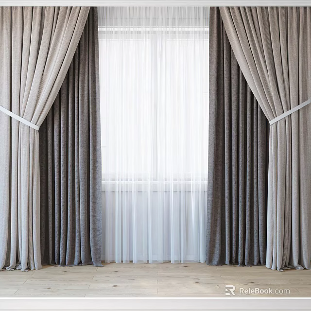 Elegant Modern Layered Curtains Featuring Gray Panels White Sheer Liners And Tiebacks 3d model 