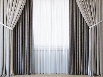 Elegant Modern Layered Curtains Featuring Gray Panels White Sheer Liners And Tiebacks 3d model