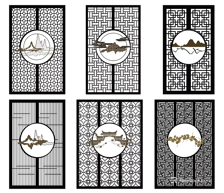 Chinese Traditional Decorative Partition With Oriental Patterns Landscape Architecture And Pine Tree 3d model