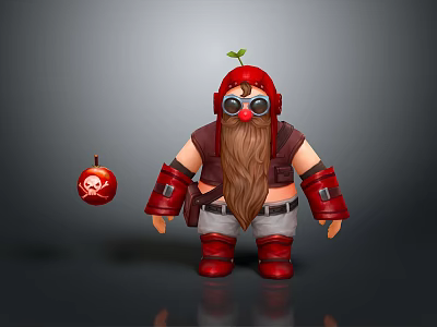 Woman 3D Cartoon Character With Goggles Red Hat Beard Red Boots Holding Red Skull Ball 3d model