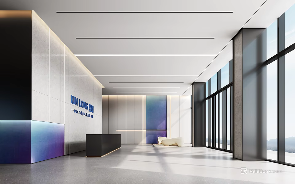 Modern Office Reception Area With Stylish Desk Company Logo Wall And Floor To Ceiling Windows 3d model 