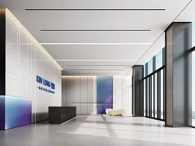 Modern Office Reception Area With Stylish Desk Company Logo Wall And Floor To Ceiling Windows 3d model