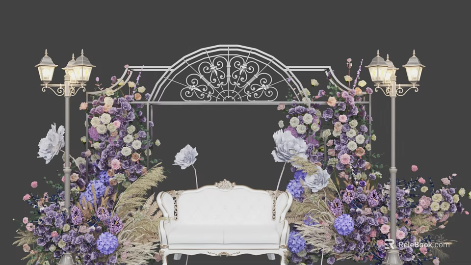 Event Decor Scene Featuring White Iron Arch White Sofa Purple Pink Flowers And Lamp Posts 3d model 