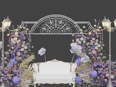 Event Decor Scene Featuring White Iron Arch White Sofa Purple Pink Flowers And Lamp Posts 3d model