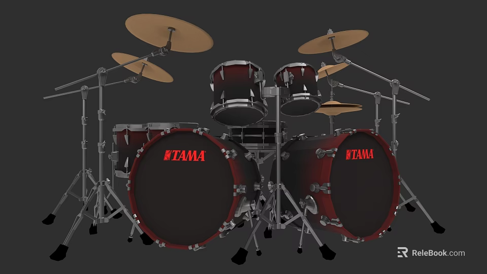 TAMA Drum Set With Red Black Design And Multiple Cymbals For Music 3d model 