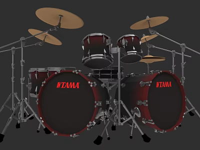 TAMA Drum Set With Red Black Design And Multiple Cymbals For Music 3d model