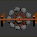 Traditional Outdoor Cooking Setup With Orange Wooden Frame Hanging Pot Gray Stones And Red Flames