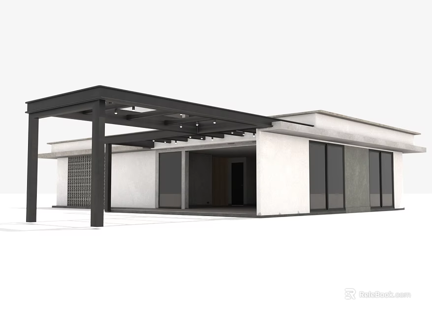 Modern Minimalist Building With White Facade Black Metal Frame And Large Glass Windows 3d model 