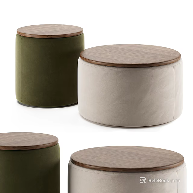 Modern Round Ottoman with Wooden Top Green and Beige Velvet Fabric Home Decor 3d model 