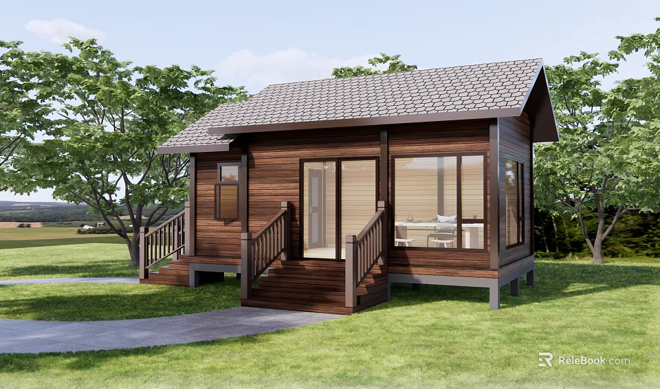 Wooden Cabin with Brown Tiled Roof Large Windows and Wooden Stairs in Green Grass 3d model 