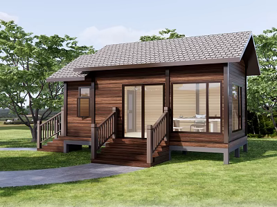 Wooden Cabin with Brown Tiled Roof Large Windows and Wooden Stairs in Green Grass 3d model
