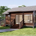 Wooden Cabin with Brown Tiled Roof Large Windows and Wooden Stairs in Green Grass