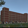 Red Brick School Building With Multiple Floors Green Trees And Students On Campus 3d model