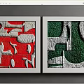 Two Abstract Paintings With Red White Green Geometric Patterns In White Frames On Grey Wall 3d model