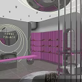 Modern Elegant Boutique Interior With Circular Light Strip Ceiling Pink Curved Shelves White Sofa And Mirrors