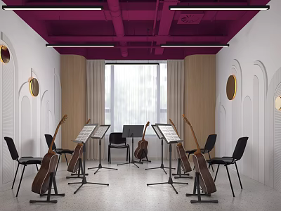 School Music Classroom With Music Stands Sheet Music Guitars Black Chairs And Purple Ceiling Beams 3d model