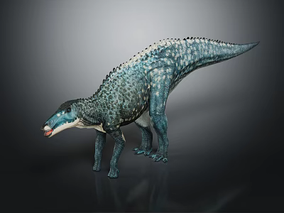 Lifelike Dinosaur Figure With Blue Spotted Textured Skin In Standing Posture On Dark Surface 3d model