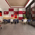 Modern Restaurant Interior With Red Decor Open Kitchen Menu Display Dining Tables And Chairs