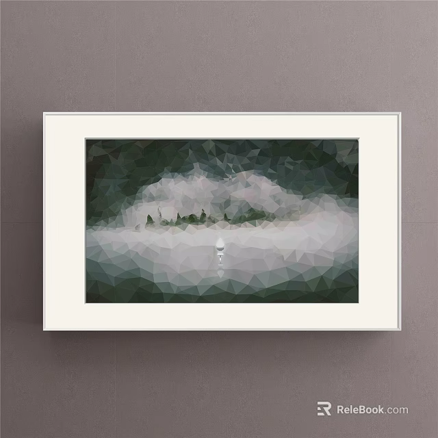 Low Poly Style Painting In White Frame With Green White Background Small Boat And Trees 3d model 