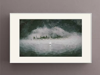 Low Poly Style Painting In White Frame With Green White Background Small Boat And Trees 3d model