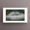 Low Poly Style Painting In White Frame With Green White Background Small Boat And Trees