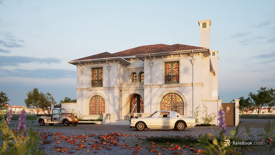 Classical Detached Villa White Exterior Red Tile Roof Arched Windows And Vintage Truck 3d model 