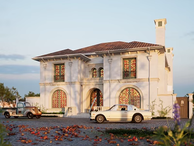 Classical Detached Villa White Exterior Red Tile Roof Arched Windows And Vintage Truck 3d model