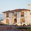 Classical Detached Villa White Exterior Red Tile Roof Arched Windows And Vintage Truck