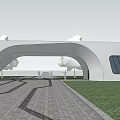 Modern Curved White Entrance Gate With Trees And Pathway For Pedestrians